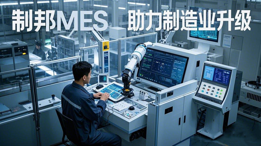 主題為 “制邦MES 助力制造業(yè)升級”。畫面呈現(xiàn)出一個現(xiàn)代化的智能工廠，車間里機械臂有序地工作，在工廠的中控室里，大屏幕上展示著生產數(shù)據和制邦MES的數(shù)據分析圖表，一位工程師正在通